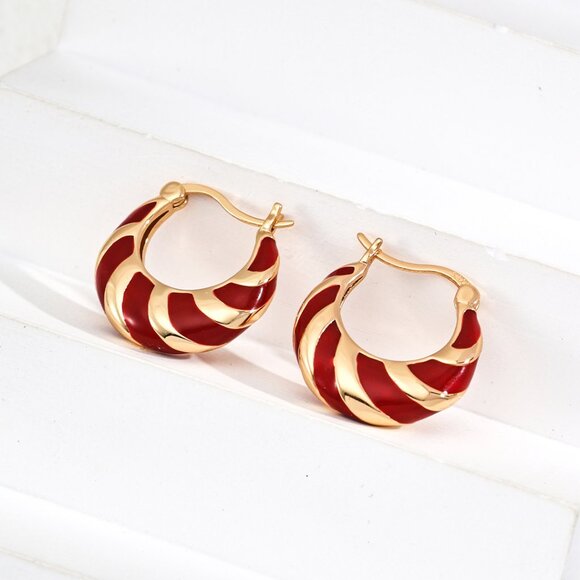 ❤️ Artisan Original Red Enamel & Gold Croissant Hoop Earrings | S925 - Picture 1 of 10